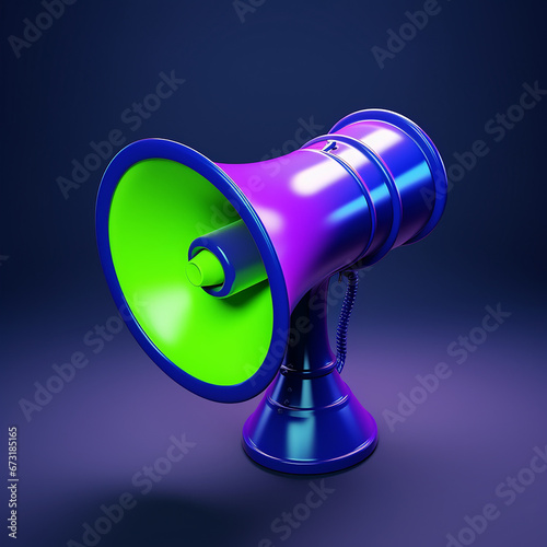 a realistic megaphone blue accent color, dark blue background color, futuristic, accent colors lime green, bright purple created with Generative Ai © Andrii Yablonskyi