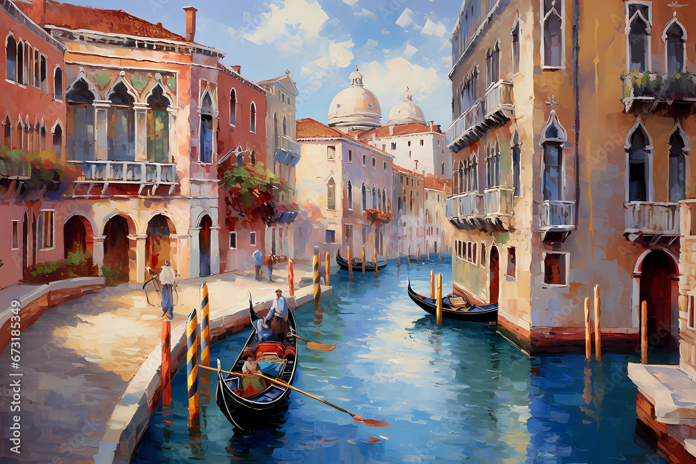 picturesque venetian canal with gondola and historic architecture in vibrant oil painting style - obrazy, fototapety, plakaty 