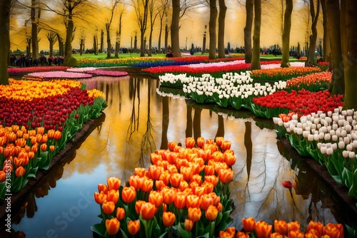 Keukenhof flower garden with blooming tulip flowerbeds.  photo