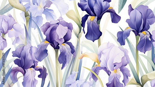 Watercolor flowers and iris leaves. Wallpaper, fabric, illustration design