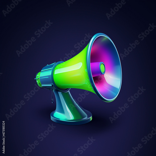 a realistic megaphone blue accent color, dark blue background color, futuristic, accent colors lime green, bright purple created with Generative Ai © Andrii Yablonskyi