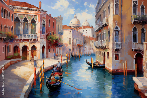 picturesque venetian canal with gondola and historic architecture in vibrant oil painting style