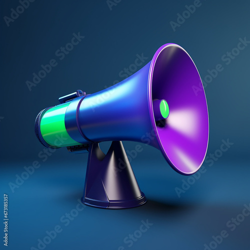 a realistic megaphone blue accent color, dark blue background color, futuristic, accent colors lime green, bright purple created with Generative Ai