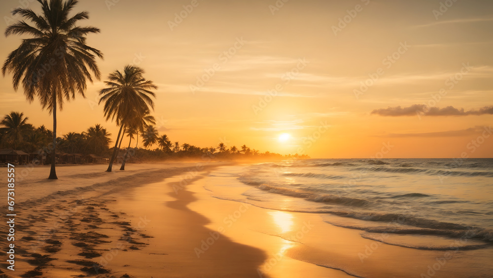 A serene beach at sunset with gentle waves, palm tree silhouettes, and a warm, golden glow. Perfect for a relaxing vacation advertisement.