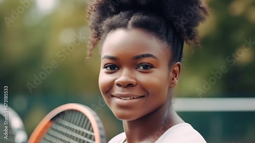 Happy black woman, tennis and professional on court  ready for match, game or outdoor sport. Face of African female. Sport concept. Tennis concept. Portrait concept © IC Production