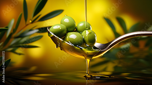 Branch of olive fruit and olives with drops of oil in spoon on blurred green background.