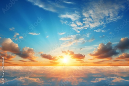 a stunning morning sky with sun emerging, representing fresh starts. Generative AI © Aradia