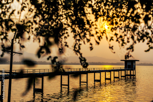 Background view Close-up of panoramic views (sea, bridge, twilight sky) is a natural beauty, the wallpaper of the morning sun.