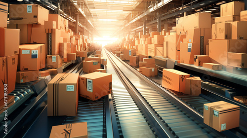 multiple cardboard box packages moving along a conveyor belt in a bustling warehouse fulfillment center, showcasing the essence of delivery, automation