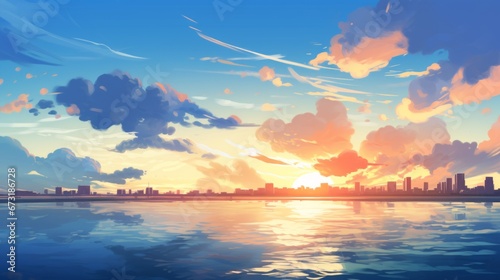 Beautiful city landscape background. Cartoon summer sunset with clouds and lake. Anime style