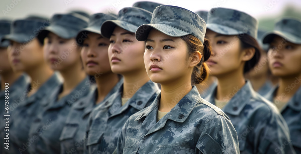 Group of young Asian women in military digital camouflage uniforms standing at army ceremony or presentation. Generative AI Group of young Asian women in military digital camouflage uniforms standing at army ceremony or presentation. Generative AI