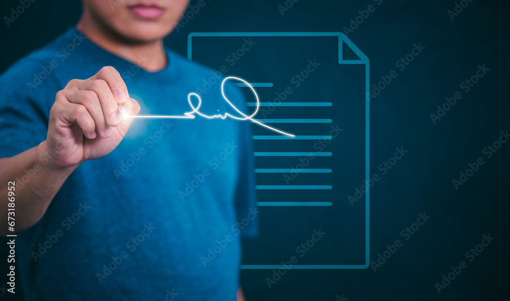 Fototapeta premium The person signing an electronic document on a smartphone, management concept, digital transformation Internet of Things, Big Data and Business Processes, Automated Operations, Data Storage