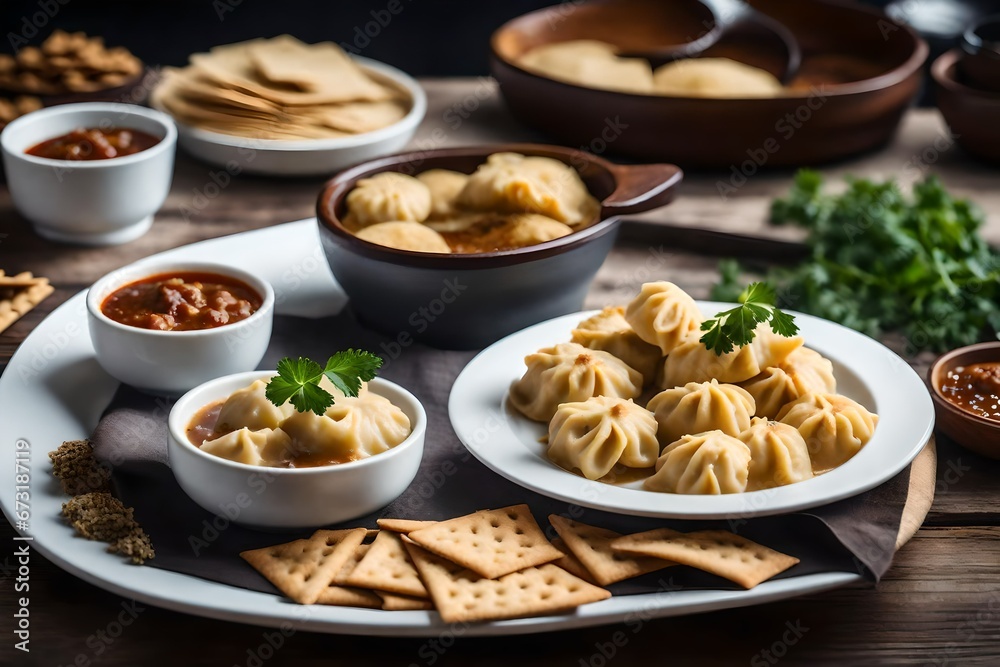 dumplings and crackers with white plates