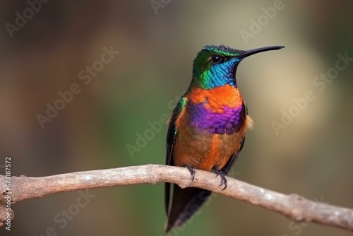Vivid hummingbird with colorful feathers and slim beak against a blurry backdrop. Generative AI
