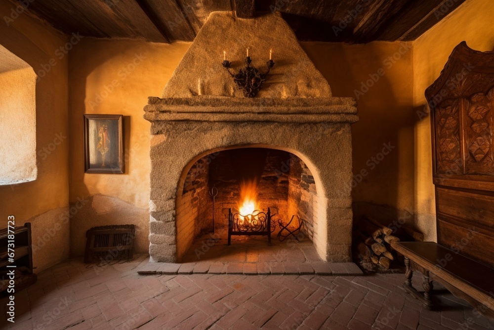 warm fireplace in a beautiful room of an ancient fortress. Generative AI