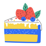 Hand drawn piece of cake with strawberry and blueberry. Sweet food, dessert. Bright decorative element. Color flat vector illustration isolated on a white background.
