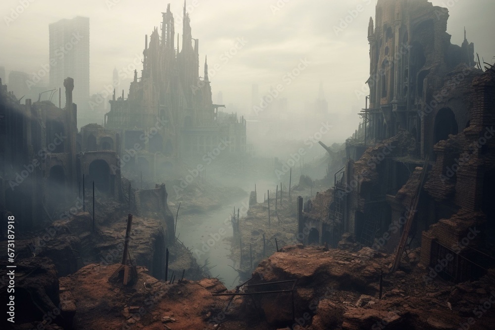 Ruined city covered in fog. Generative AI
