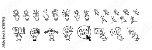 Doodle click icons set. Hand finger cursor pointer. Enable notifications. Customer five star rating and testimonials. Shop now and click here buttons. Subscribe to newsletter. Follow social media.