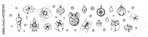 Set of Merry Christmas snd Happy New Year decoration. Christmas tree balls, angel figure, stars and gift boxes in sketch style. Design for greeting cards, certificates, holiday invitations