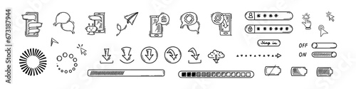 Doodle using smartphone design elements. Password verification, notifications on, battery charger indicator, loading bar, download icons. Robot chatbot and artificial intelligence skech illustration