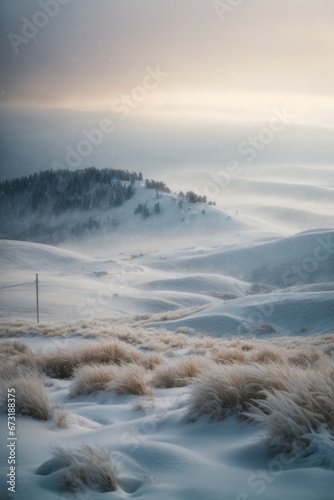 landscape with fog and snow