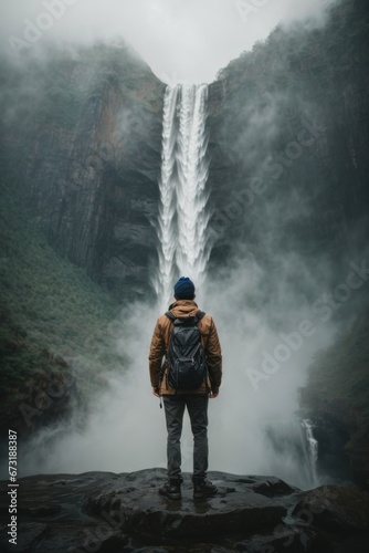 Hiker standing before a breathtaking waterfall on a trek