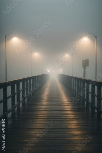 Enigmatic Seaside: Foggy Boardwalk on the Coast © Kinga