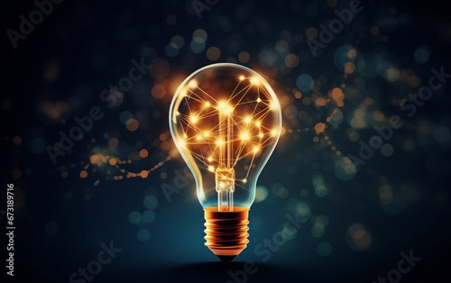 A light bulb on a dark background with a network of lines and dots emanating from it, innovation and new idea generation.