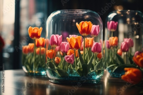 tulips in a glass vase #673189912