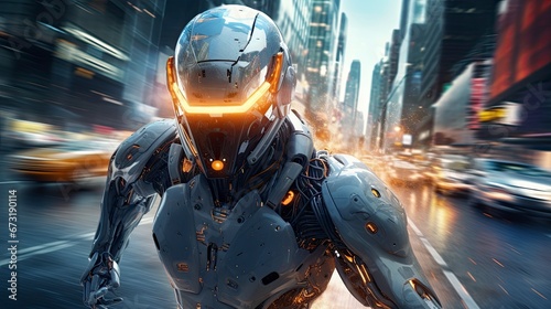 Artificial intelligence illustration, armor robot run in the street, speed, , robot, cybernetic, cyborg, future, tech, engineer, engineering, technology