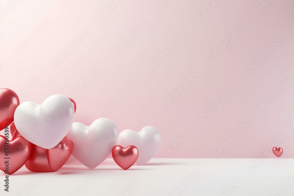Valentine's day card with elegant hearts in 3D rendering and space for text above. Minimalistic wedding concept background. Generative AI