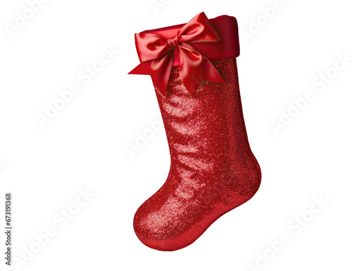 calcetín navideño rojo con  purpurina brillante y lazo en fondo trasparente png photo