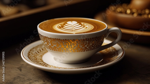 A Cup of Beautiful Cappuccino The Cup is White With Gold Patterns Printed on It With Heart Selective Focus Background