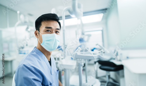 Young Asian man working as dentist, wearing face mask posing at his office or clinic. Generative AI