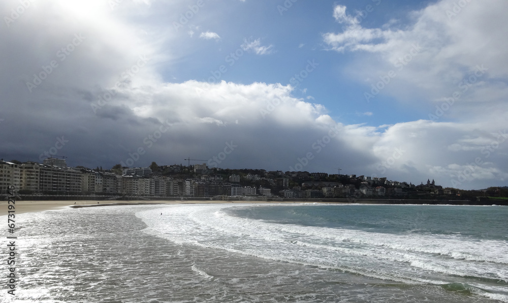 Fototapeta premium La concha beach in San Sebastian Spain,temporary storm in autumn