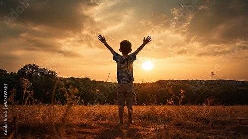 A little boy raises his hands above the sunset sky  enjoying life and nature. Happy kid on a summer field looking at the sun. Silhouette of a male child in the sun. Fresh air  environment concept