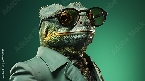 Sunglasses-Wearing Chameleon Posing Against a Solid-Color Backdrop created with generative AI technology