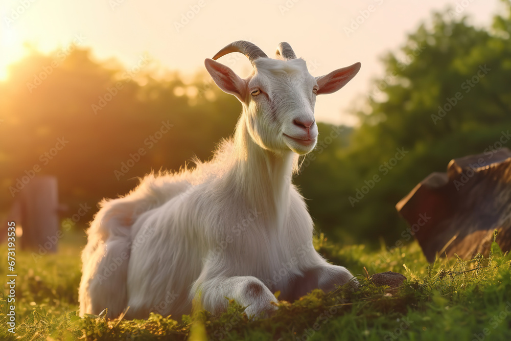 Serene Afternoon: A Goat Resting in the Sunlit Meadow Serene Afternoon: A Goat Resting in the Sunlit Meadow
