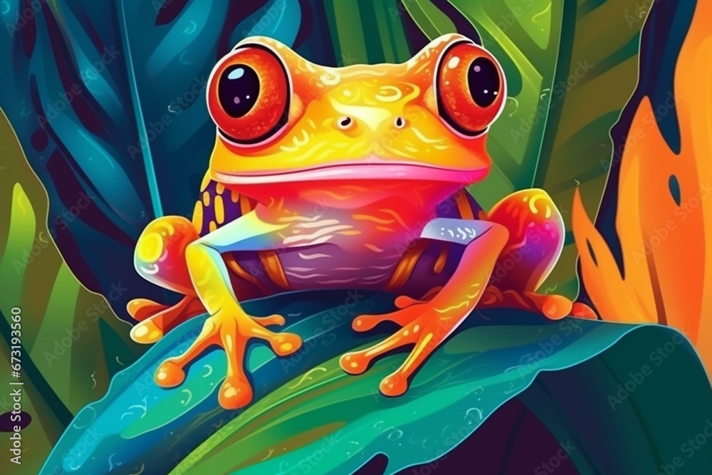 Vibrant jungle frog on leaf, cute exotic toad. Rainforest fauna. Generative AI