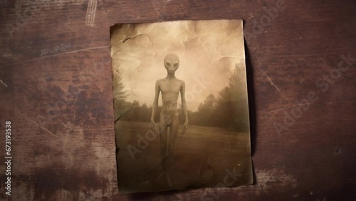 An old vintage style photo in sepia tones shows a humanoid alien from another planet posing next to a country house in a rural area. Strange and creepy sighting for a X file photography expedient photo