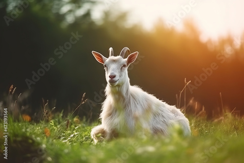 Serene Afternoon: A Goat Resting in the Sunlit Meadow