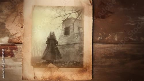 Animation of an old vintage ghostly damaged black and white photograph, showing a ghost girl and a haunted house in the background. A scary and spooky scene for horror and mystery fans photo