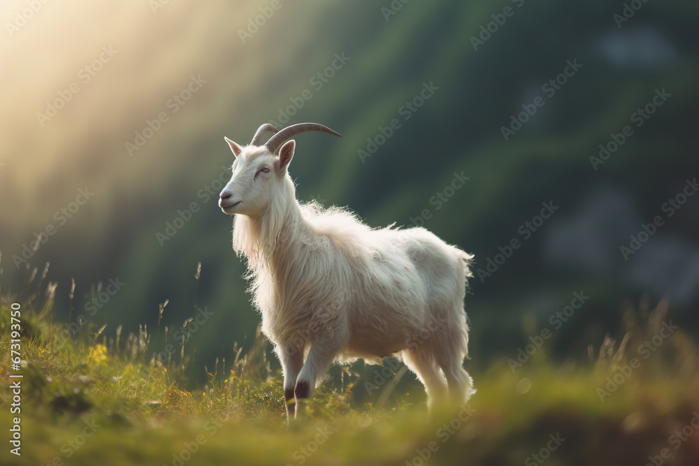 Obraz premium Serene Afternoon: A Goat Resting in the Sunlit Meadow