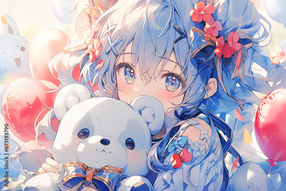 Little anime girl a toy teddy bear on party. Ai generative.. Little anime girl a toy teddy bear on party. Ai generative..