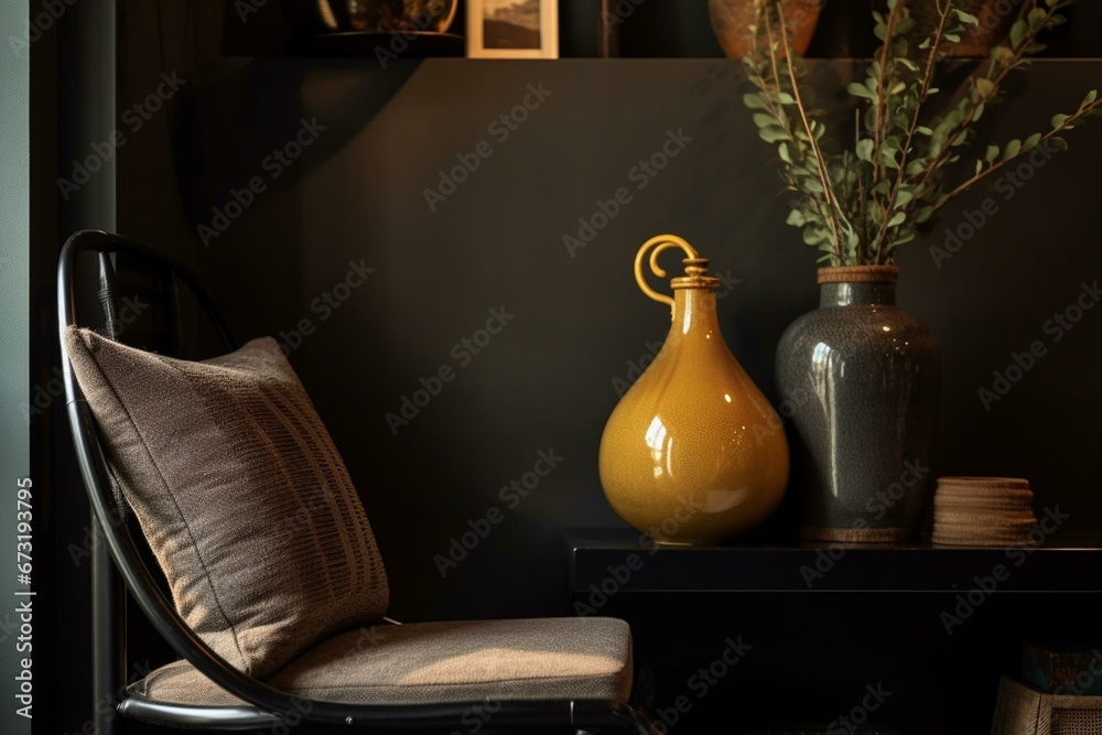 Close-up view of a chair with a lamp and vases on a shelf in a dark brown interior. Generative AI - obrazy, fototapety, plakaty 