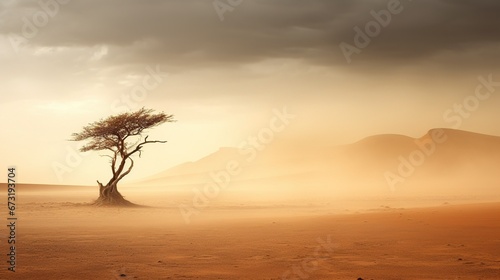 Fotografia A solitary tree in the expansive Sahara desert during a sandstorm
