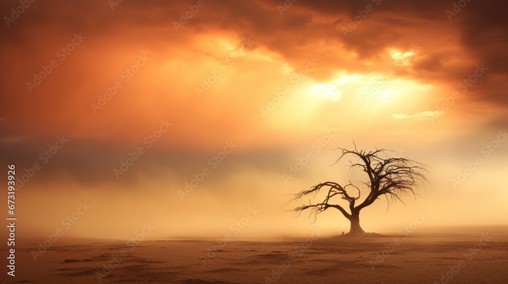 A solitary tree in the expansive Sahara desert during a sandstorm