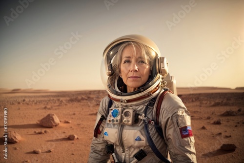 Beautiful adult blonde astronaut woman wearing a gray spacesuit in Mars planet © liliyabatyrova