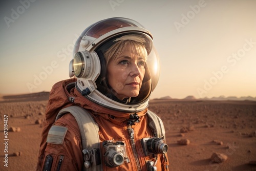 Beautiful adult blonde astronaut woman wearing an orange spacesuit in a new planet. The first people on Mars concepts © liliyabatyrova