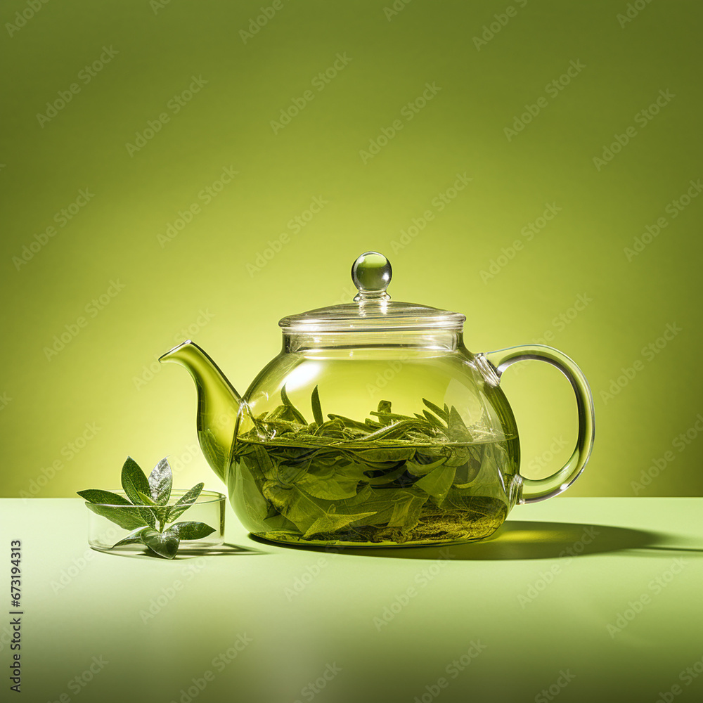 a cup of green tea, fashion, light green background, a galss teapot created with Generative Ai a cup of green tea, fashion, light green background, a galss teapot created with Generative Ai